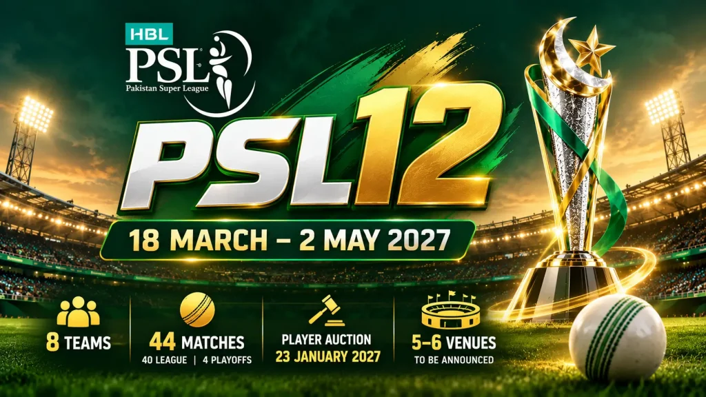 PSL 12 2027 schedule featuring tournament dates 18 March to 2 May, eight teams, 44 matches and player auction details